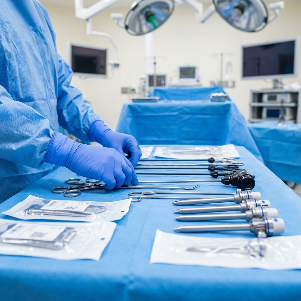 Surgical instruments neatly arranged on a sterile blue drape before a procedure
