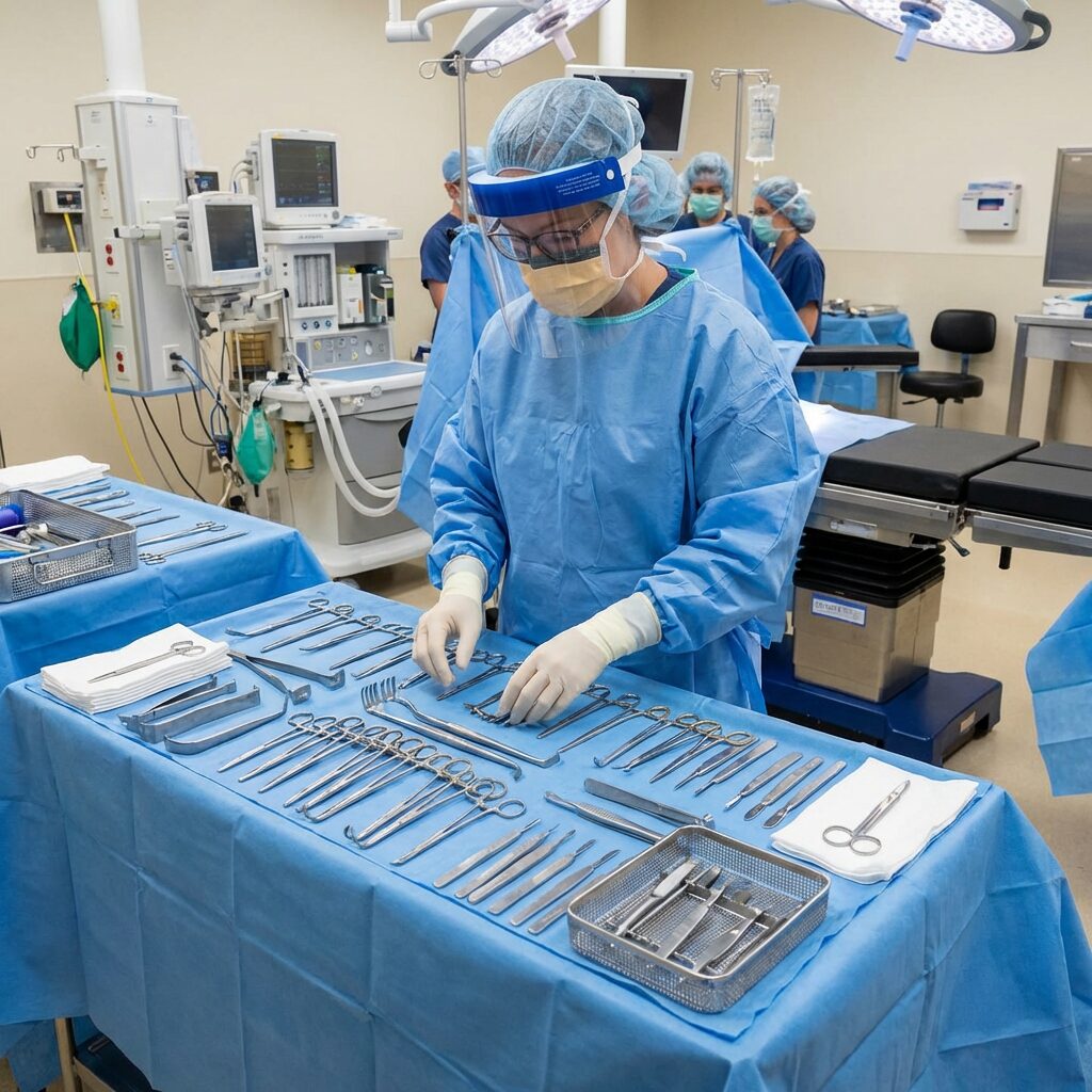 Certified surgical technologist organizing the sterile instrument back table